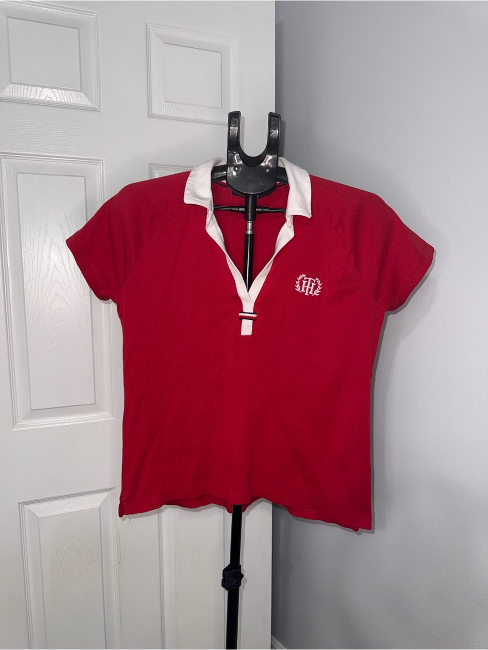 Tommy Hilfiger Womens L Red White Polo Shirt TH Crest Logo
